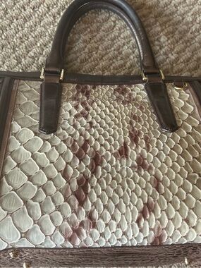 Brahmin Cream and Brown Python-Embossed Leather Tote